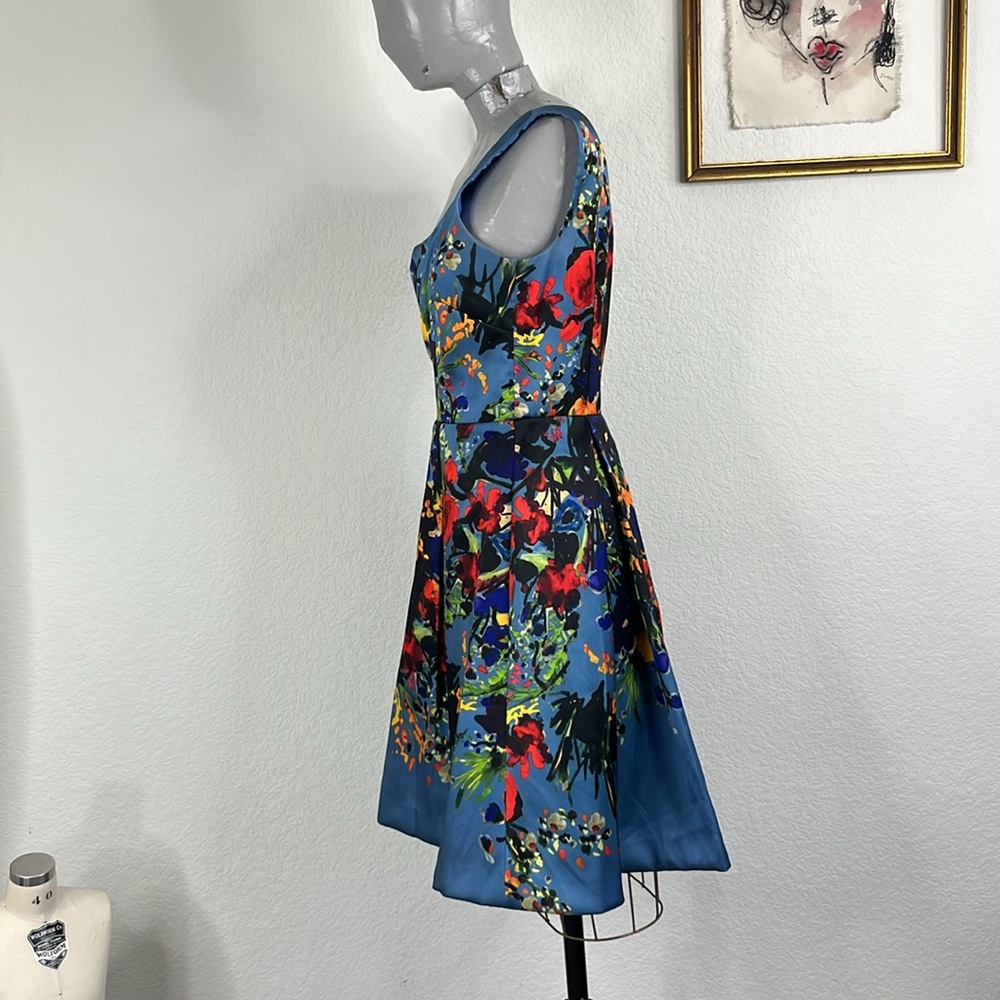 David Meister Blue Floral Fit Flare Sleeveless Scoop Neck Party Dress - Picture 5 of 11